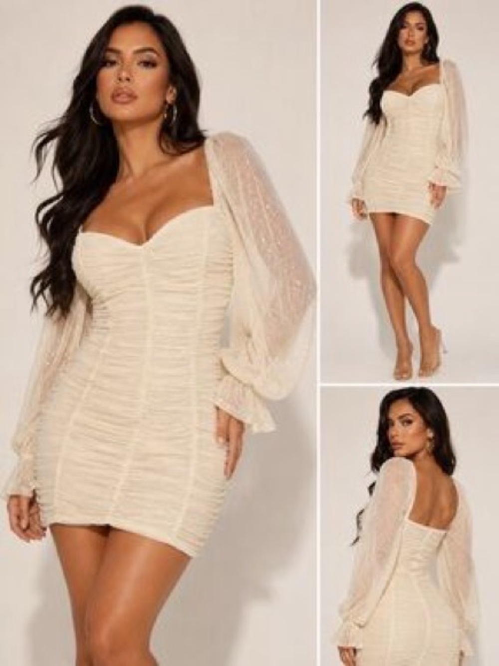 Fashion Nova Cream Ruched Mini Dress with Sheer Puff Sleeves